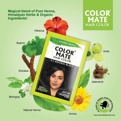 Color Mate Herbal and Henna Based Powder Hair Color Pack of 10 (Each 15g Sachetes) (Natural Brown)