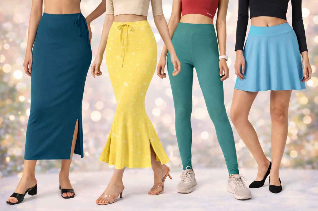 A stylish collection showcasing women’s bottom wear, featuring elegant long skirts, a trendy mermaid skirt, stretch-fit leggings, and a chic skater skirt