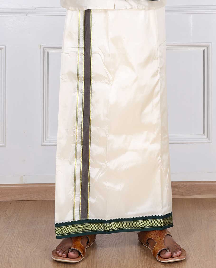 Stylesindia Art Silk Dhoti Vesti Mundu India Ethnic Dress 1" Double Colour Zari Border with Stole Cream