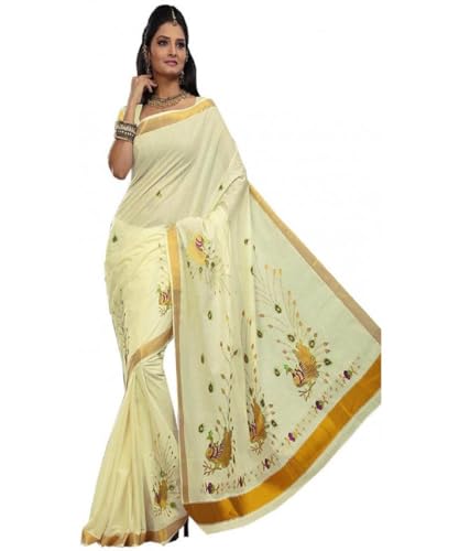 Stylesindia Cotton Kerala Kasavu Saree with Zari Embroidery & Blouse | Traditional Kuthampully Saree for Onam, Diwali, Pongal