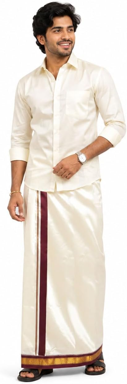 Men’s Cream Art Silk Thalapathy Style Marukarai Dhoti (3.6 Mtr) with Matching Angavastram (1.2 Mtr) Set | Traditional Zari Border Wedding & Festive Mundu Veshti