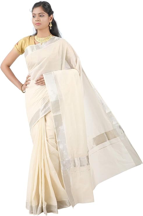 Stylesindia Cotton Kerala Kasavu Saree with Zari Border & Blouse | Traditional Kuthampully Saree for Onam, Diwali, Pongal