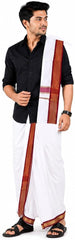 Men's Cotton 9x5 Panjakajam Dhoti with Angavastram Set | Traditional White Veshti with Double Color Gold Zari Border | South Indian Wedding, Temple & Festival Wear