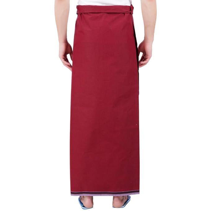 Stylesindia Men's Cotton Lungi Sarong Mundu Dhoti Kaili India Ethnic Dress Solid Colors Pre Stitched Ready to Wear (Maroon)