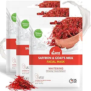 VCare Saffron Facial Sheet Mask for Skin Whitening and Hydration Self Skin Care Moisturizing Sheet Mask for All Skin Types Natural Home Spa Treatment Masks For Men and Women (Pack of 3)