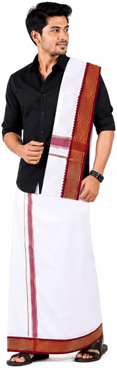 Men's Cotton 9x5 Panjakajam Dhoti with Angavastram Set | Traditional White Veshti with Double Color Gold Zari Border | South Indian Wedding, Temple & Festival Wear
