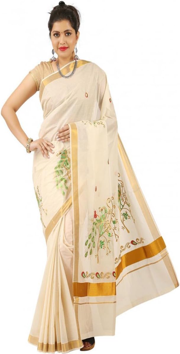 Stylesindia Cotton Kerala Kasavu Saree with Zari Embroidery & Blouse | Traditional Kuthampully Saree for Onam, Diwali, Pongal