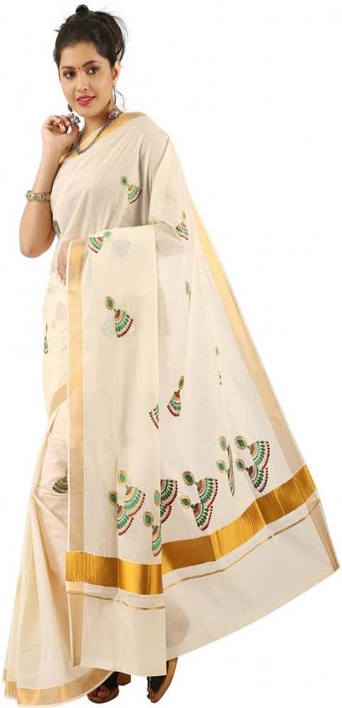 Stylesindia Cotton Kerala Kasavu Saree with Zari Embroidery & Blouse | Traditional Kuthampully Saree for Onam, Diwali, Pongal