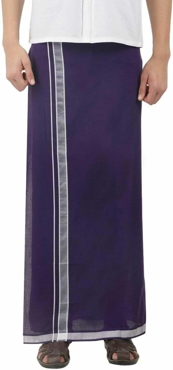 Stylesindia Men's Cotton Colored Dhoti with Fancy Border Kerala-style Veshti Mundu Kaili Lungi 2.0 Mtrs (Purple)