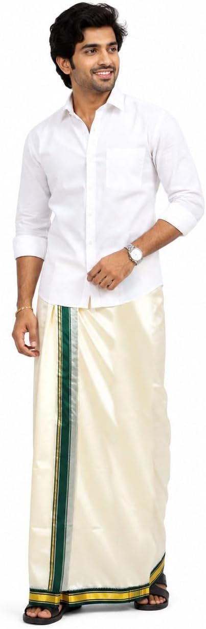 Men’s Cream Art Silk Thalapathy Style Marukarai Dhoti (3.6 Mtr) with Matching Angavastram (1.2 Mtr) Set | Traditional Zari Border Wedding & Festive Mundu Veshti