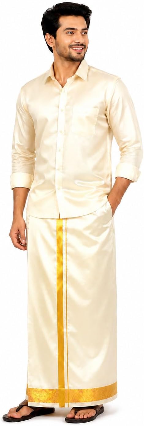 Asha Silk Wedding Dhoti for Men with Golden Zari Border | Ready to Wear Adjustable Stick-On Velcro Dhoti | Cream Traditional South Indian Groom Veshti for Wedding, Temple & Festivals