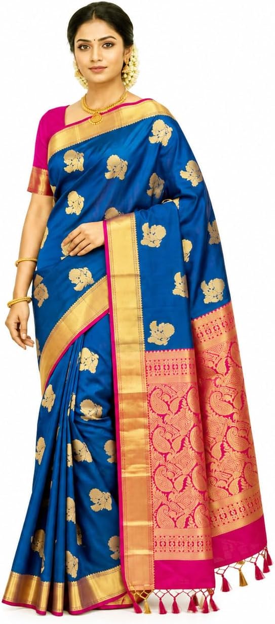 Kanchipuram Semi Silk Saree for Women | Rich Zari Self Border & Contrast Pallu Festive Sari with Blouse