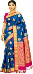 Kanchipuram Semi Silk Saree for Women | Rich Zari Self Border & Contrast Pallu Festive Sari with Blouse