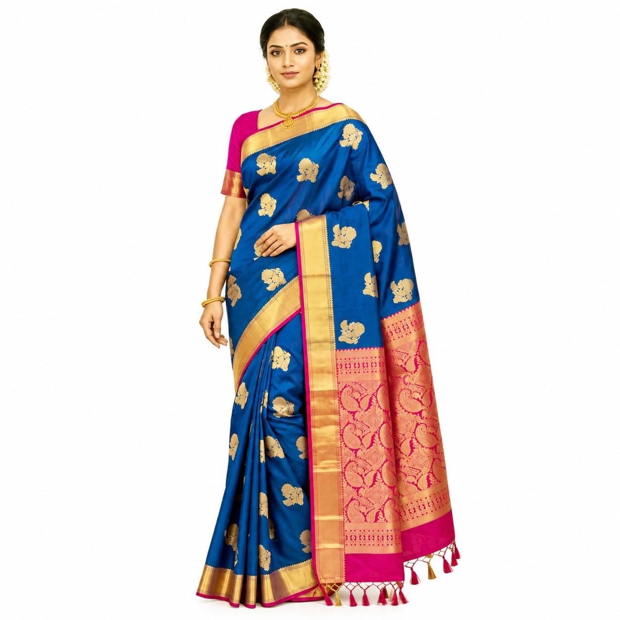 Kanchipuram Semi Silk Saree for Women | Rich Zari Self Border & Contrast Pallu Festive Sari with Blouse
