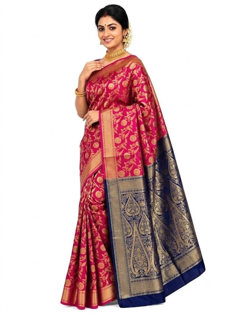 Exquisite Women's Banarasi Soft Silk Satin Saree with Rich Zari Border & Contrast Pallu | Festive Bridal Wear