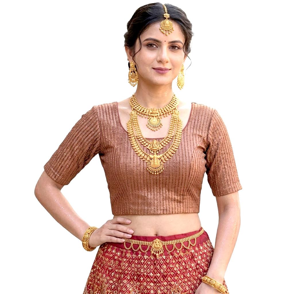 Women's Metallic Shimmer Saree Blouse Crop Top, Stretchable Round Neck Short Sleeve Designer Blouse