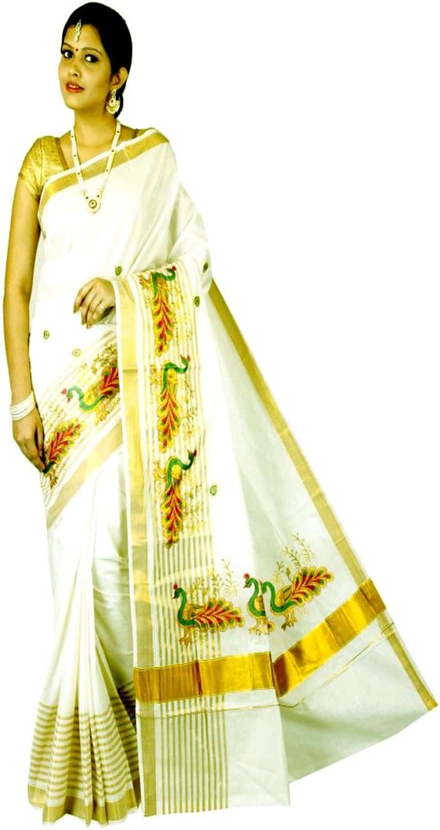 Stylesindia Cotton Kerala Kasavu Saree with Zari Embroidery & Blouse | Traditional Kuthampully Saree for Onam, Diwali, Pongal