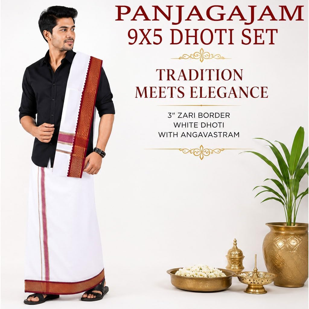Men's Cotton 9x5 Panjakajam Dhoti with Angavastram Set | Traditional White Veshti with Double Color Gold Zari Border | South Indian Wedding, Temple & Festival Wear