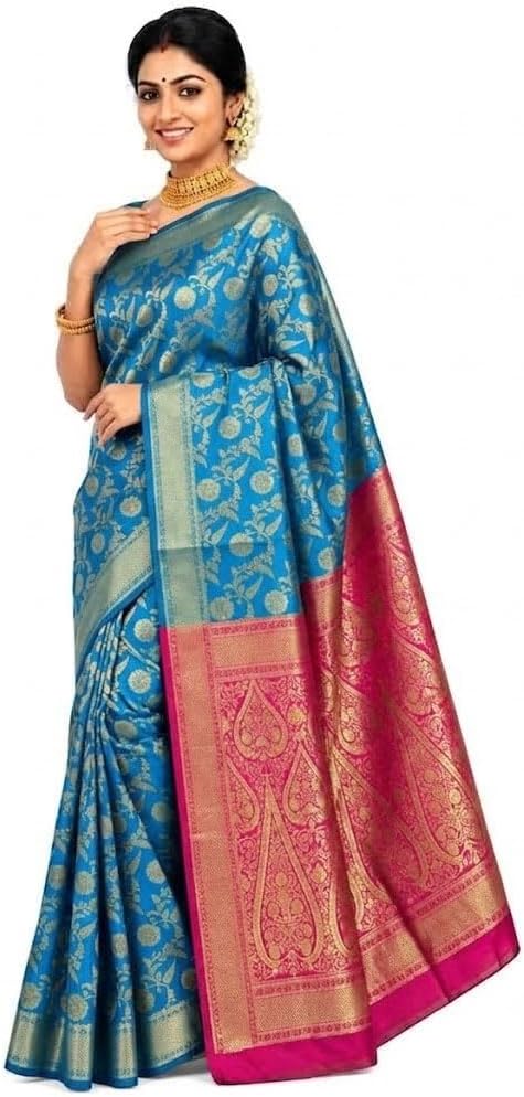 Exquisite Women's Banarasi Soft Silk Satin Saree with Rich Zari Border & Contrast Pallu | Festive Bridal Wear