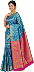 Exquisite Women's Banarasi Soft Silk Satin Saree with Rich Zari Border & Contrast Pallu | Festive Bridal Wear