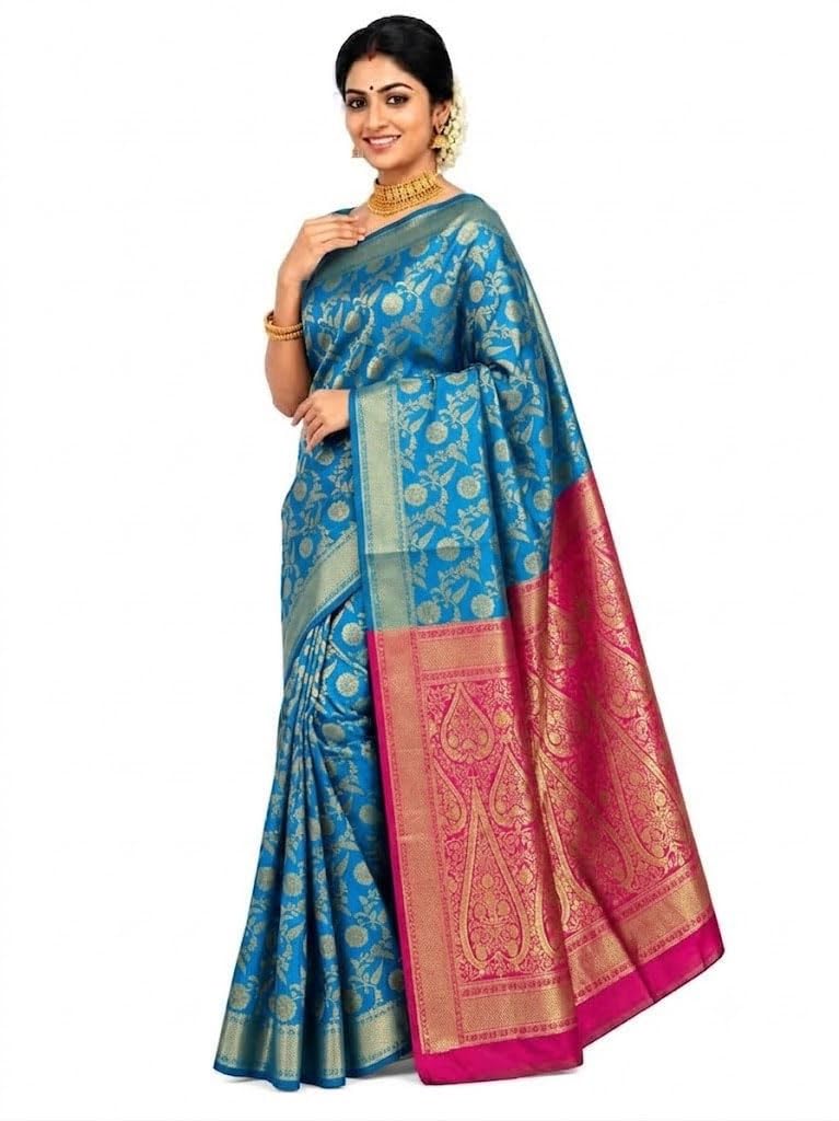 Exquisite Women's Banarasi Soft Silk Satin Saree with Rich Zari Border & Contrast Pallu | Festive Bridal Wear