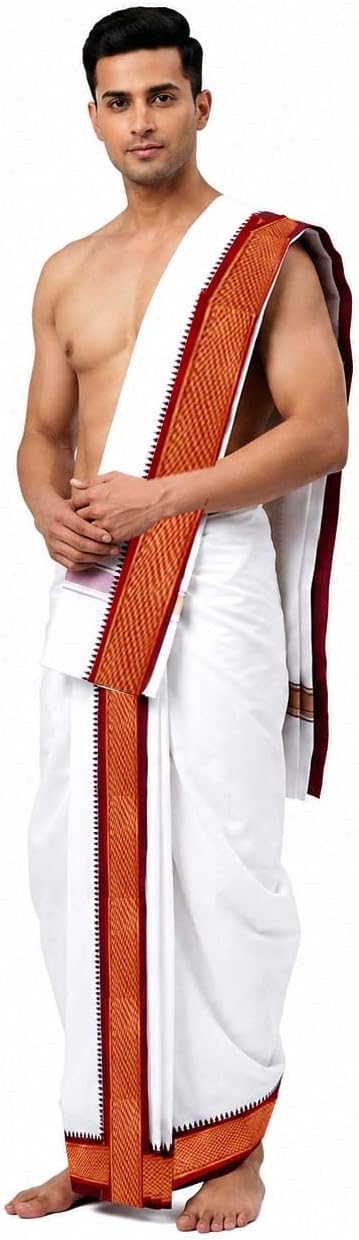 Men's Cotton 9x5 Panjakajam Dhoti with Angavastram Set | Traditional White Veshti with Double Color Gold Zari Border | South Indian Wedding, Temple & Festival Wear