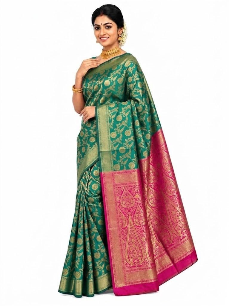 Exquisite Women's Banarasi Soft Silk Satin Saree with Rich Zari Border & Contrast Pallu | Festive Bridal Wear