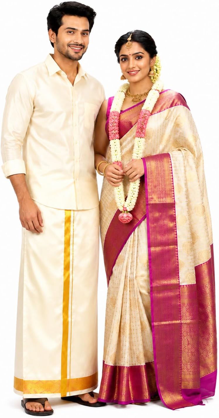 Asha Silk Wedding Dhoti for Men with Golden Zari Border | Ready to Wear Adjustable Stick-On Velcro Dhoti | Cream Traditional South Indian Groom Veshti for Wedding, Temple & Festivals
