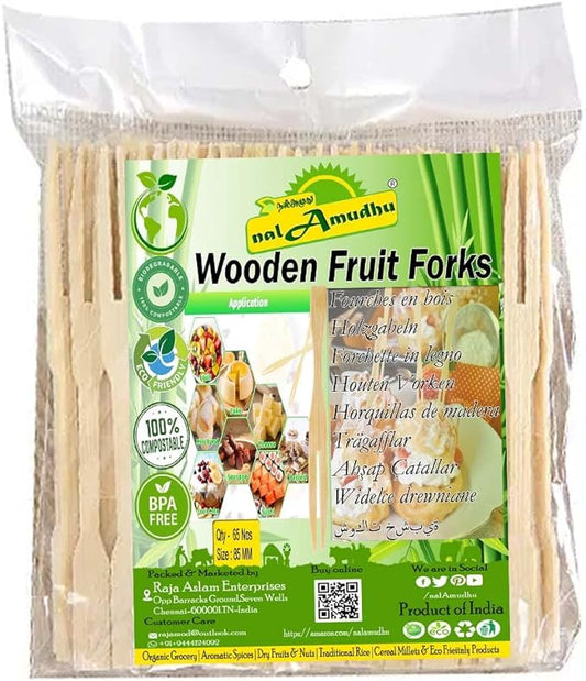 nalAmudhu Disposable Wooden Fruit Forks | Birchwood Cutlery | Eco-Friendly Flatware | Compostable, Biodegradable 130 Forks (90MM-Fruit-Forks 65 Pcs X 2 Packs)