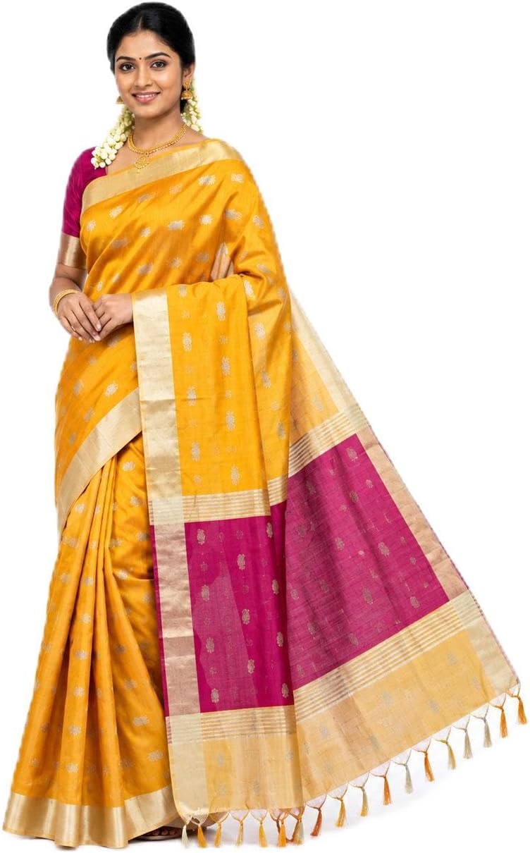 Women’s Maheswari Silk Cotton Saree with 1000 Butta Motifs, Silver Tissue Border & Contrast Pallu