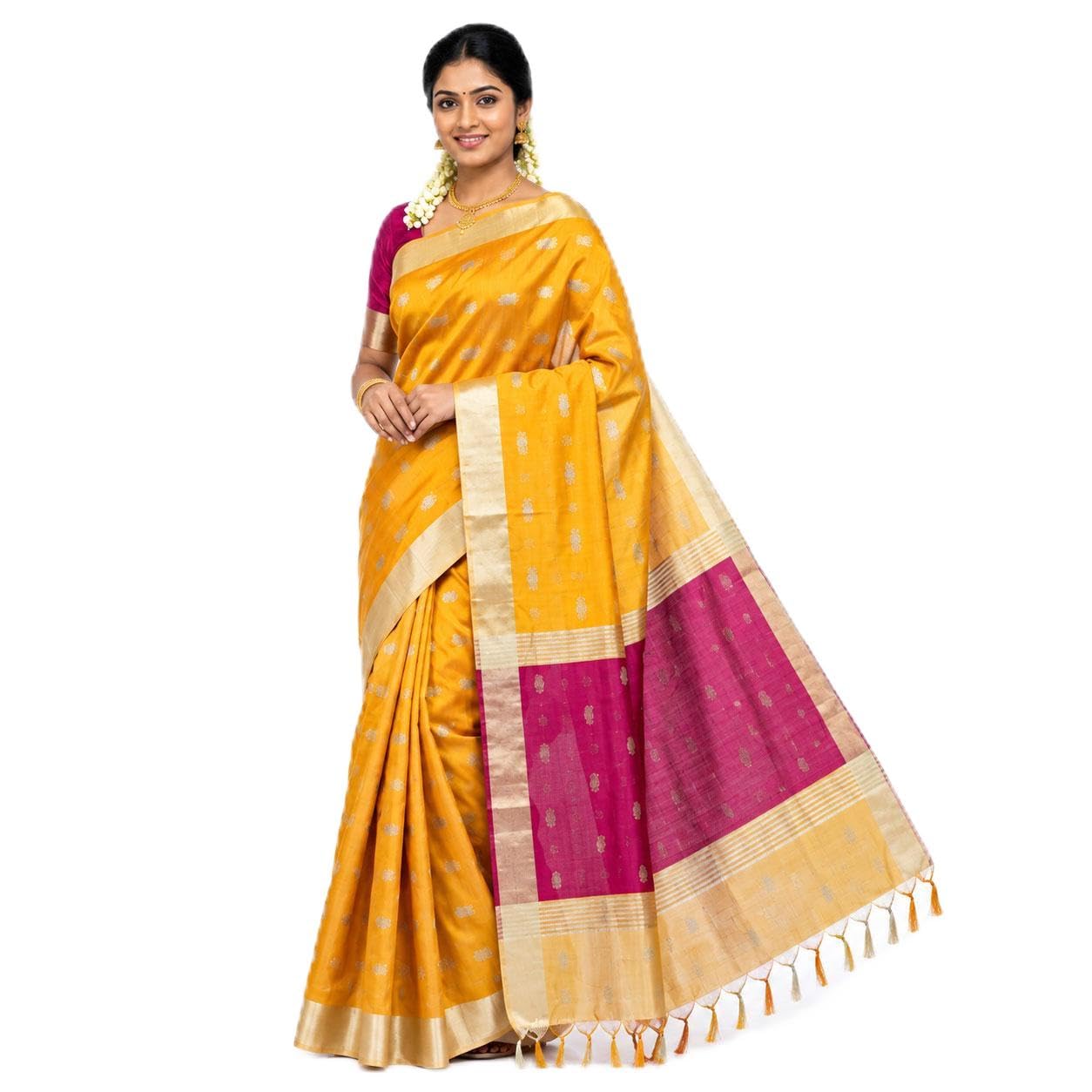 Women’s Maheswari Silk Cotton Saree with 1000 Butta Motifs, Silver Tissue Border & Contrast Pallu