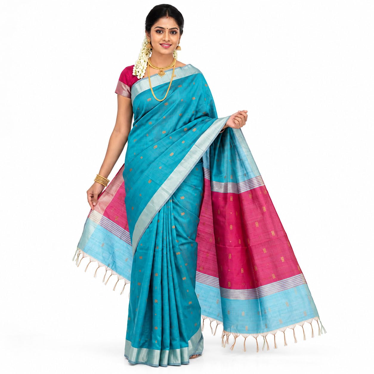 Women’s Maheswari Silk Cotton Saree with 1000 Butta Motifs, Silver Tissue Border & Contrast Pallu
