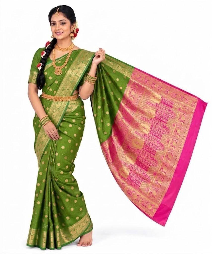 Exquisite Women's Banarasi Soft Silk Satin Saree with Rich Zari Border & Contrast Pallu | Festive Bridal Wear