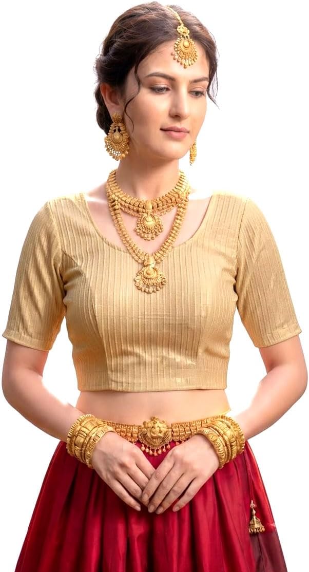 Women's Metallic Shimmer Saree Blouse Crop Top, Stretchable Round Neck Short Sleeve Designer Blouse