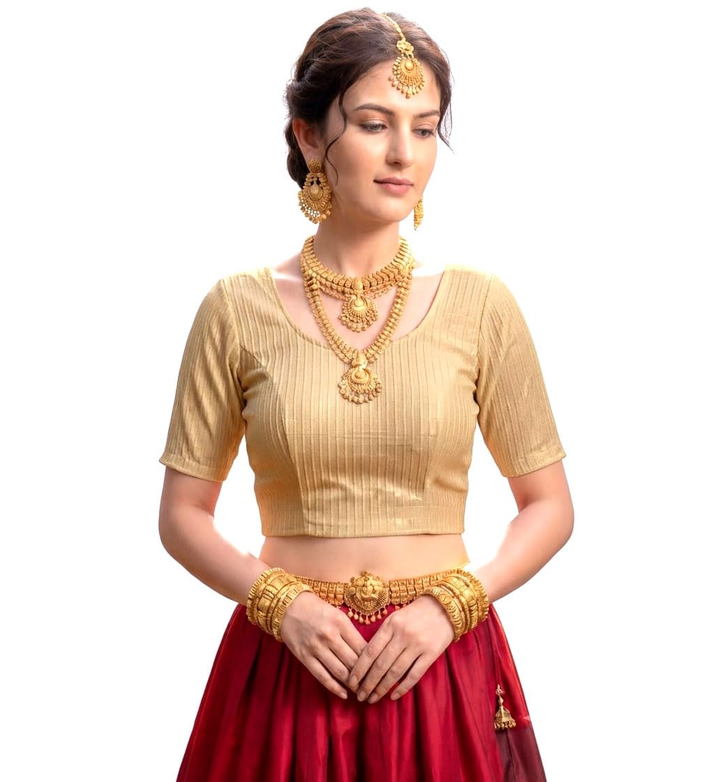 Women's Metallic Shimmer Saree Blouse Crop Top, Stretchable Round Neck Short Sleeve Designer Blouse