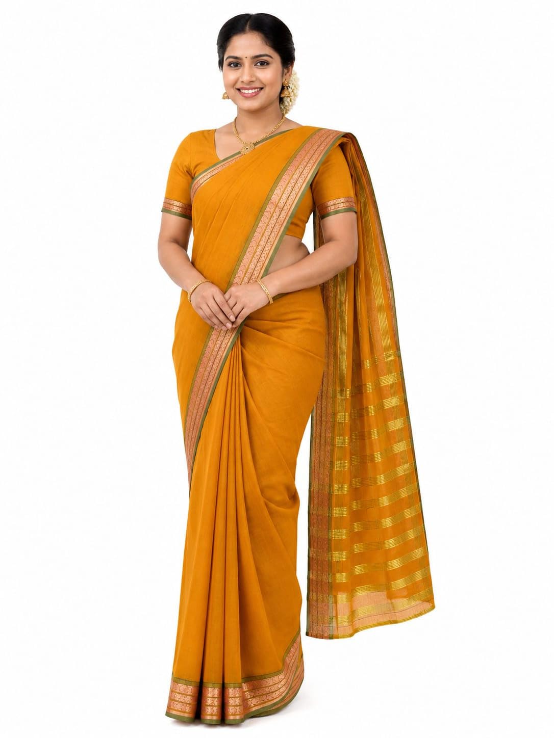 Kanchipuram Cotton Saree for Women | Golden Zari Border | Traditional South Indian Saree for Wedding & Festival