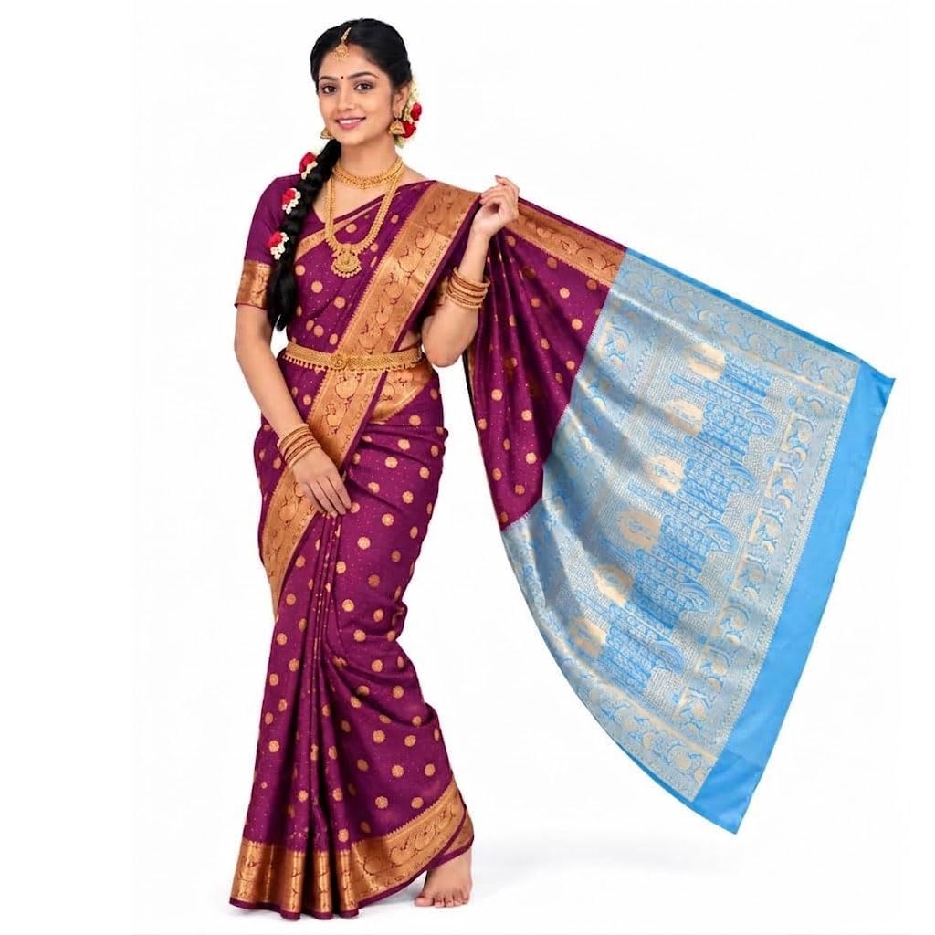 Exquisite Women's Banarasi Soft Silk Satin Saree with Rich Zari Border & Contrast Pallu | Festive Bridal Wear