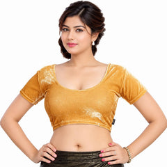 Women's Velvet 4-Way Stretchable Sari Blouse | Short Sleeve Scoop Neck Designer Choli Crop Tops for Sarees & Lehengas