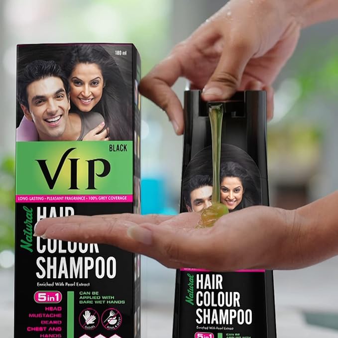 VIP Hair Colour Shampoo for Men and Women, 180ml, Dark Brown | No Ammonia | Long Lasting Hair Color | 100% Grey Coverage | Easy As Shampoo