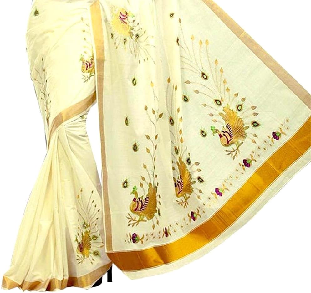 Kerala Kasavu Cotton Saree for Women with Gold Zari Border & Peacock Embroidery | Traditional Onam Wedding Saree