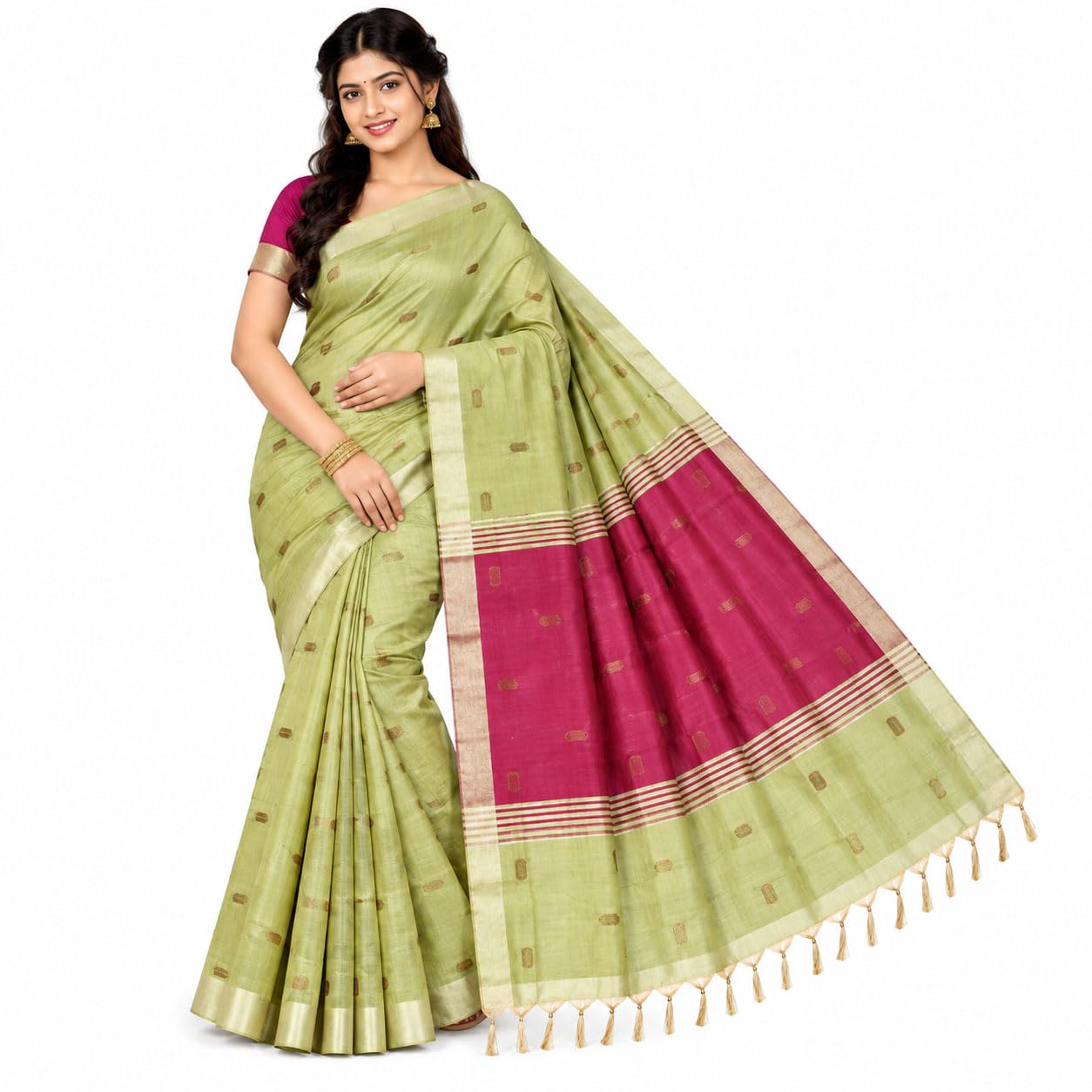 Women’s Maheswari Silk Cotton Saree with 1000 Butta Motifs, Silver Tissue Border & Contrast Pallu