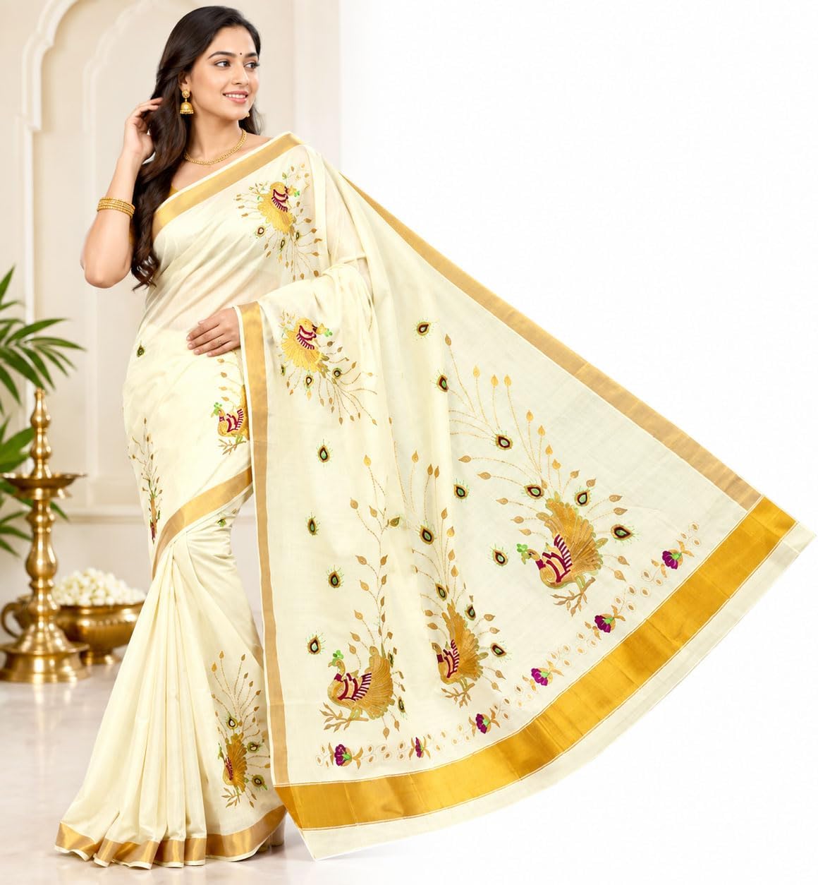 Kerala Kasavu Cotton Saree for Women with Gold Zari Border & Peacock Embroidery | Traditional Onam Wedding Saree