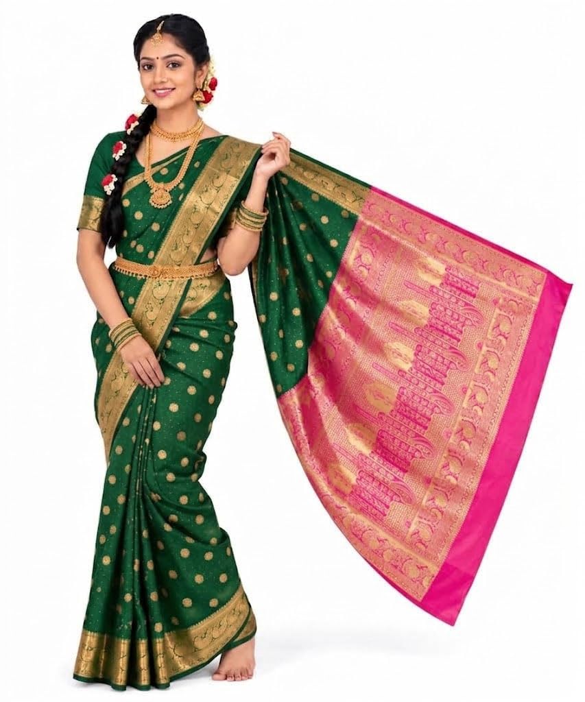 Exquisite Women's Banarasi Soft Silk Satin Saree with Rich Zari Border & Contrast Pallu | Festive Bridal Wear