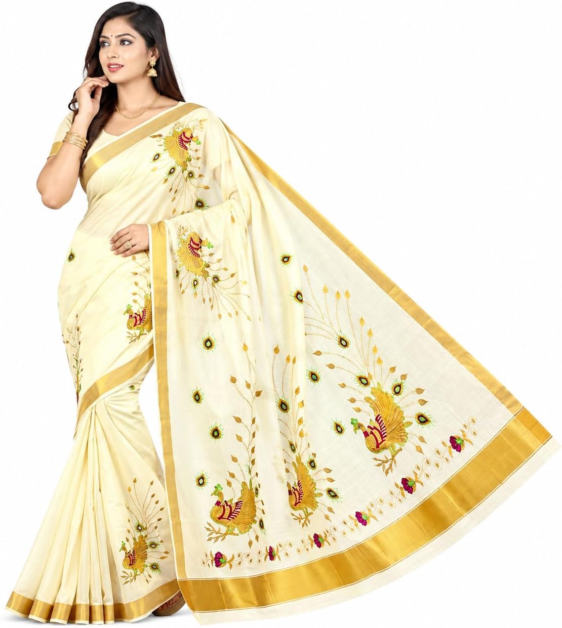 Kerala Kasavu Cotton Saree for Women with Gold Zari Border & Peacock Embroidery | Traditional Onam Wedding Saree