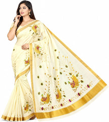 Kerala Kasavu Cotton Saree for Women with Gold Zari Border & Peacock Embroidery | Traditional Onam Wedding Saree