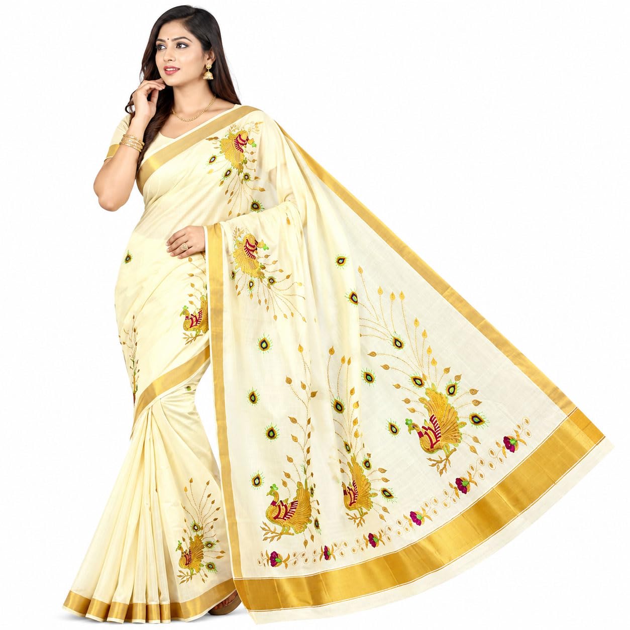 Kerala Kasavu Cotton Saree for Women with Gold Zari Border & Peacock Embroidery | Traditional Onam Wedding Saree