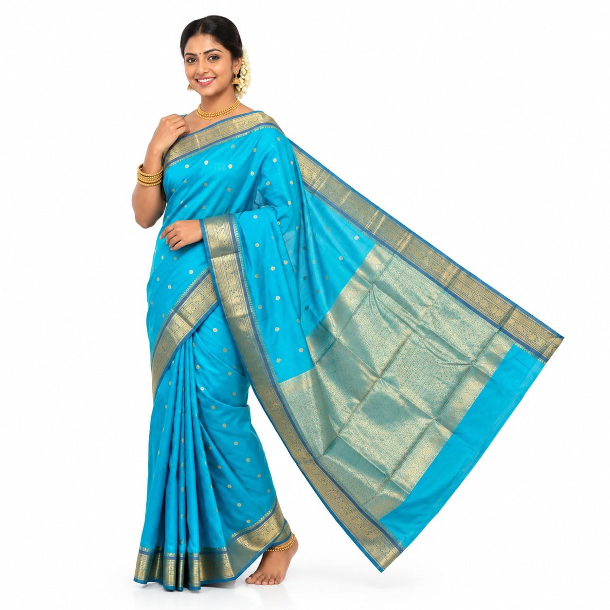 Women's Kanchi Cotton Saree with Rich Zari Border, Brocade Pallu & Blouse Piece