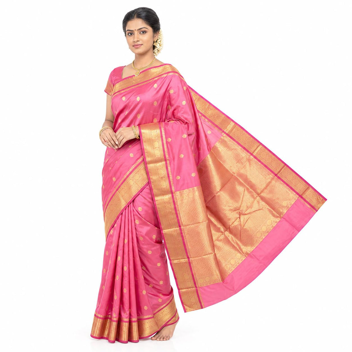 Women's Kanchi Cotton Saree with Rich Zari Border, Brocade Pallu & Blouse Piece