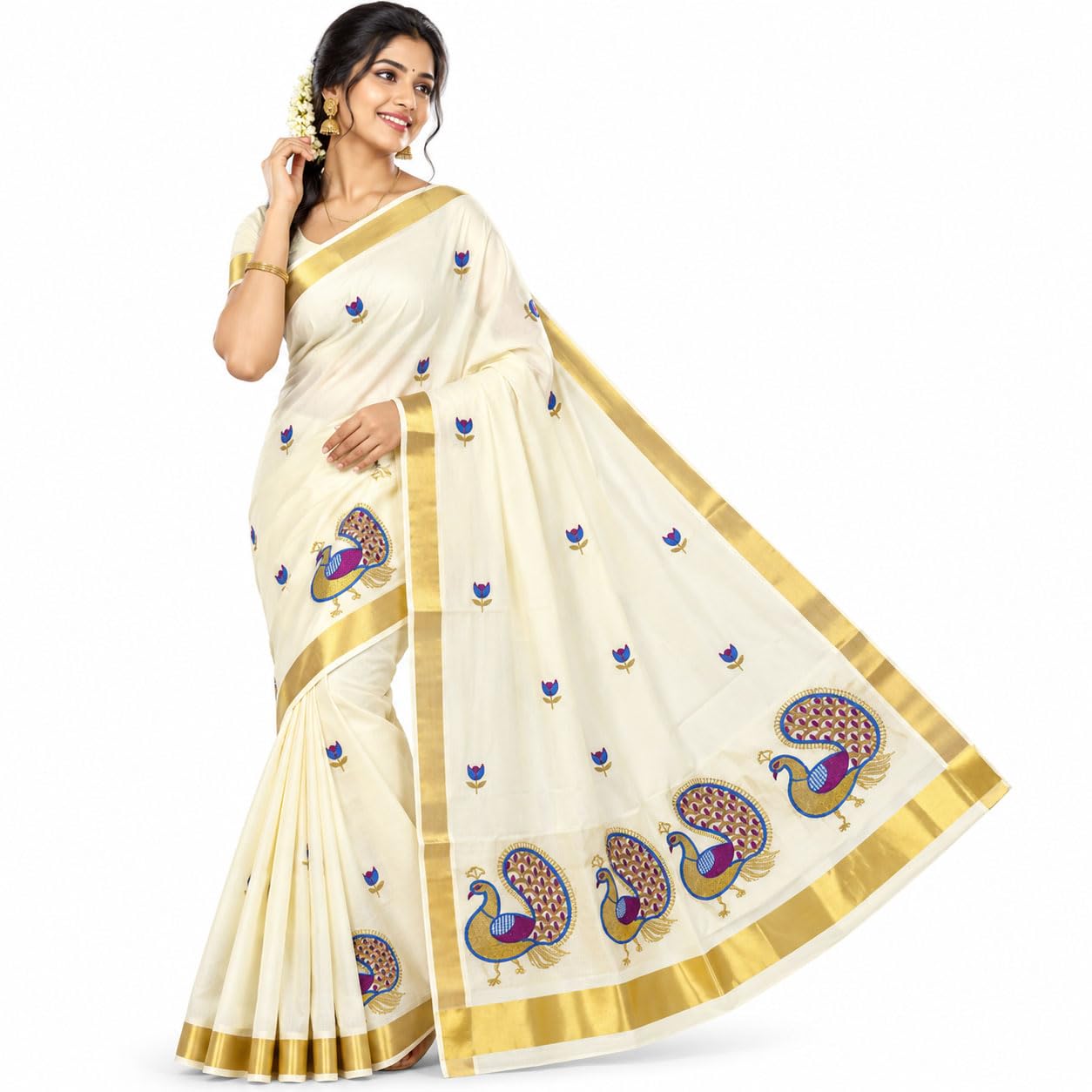 Kerala Kasavu Cotton Saree for Women with Gold Zari Border & Peacock Embroidery | Traditional Onam Wedding Saree