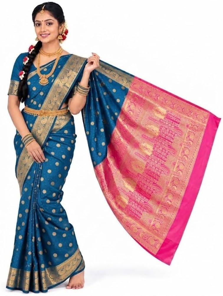 Exquisite Women's Banarasi Soft Silk Satin Saree with Rich Zari Border & Contrast Pallu | Festive Bridal Wear